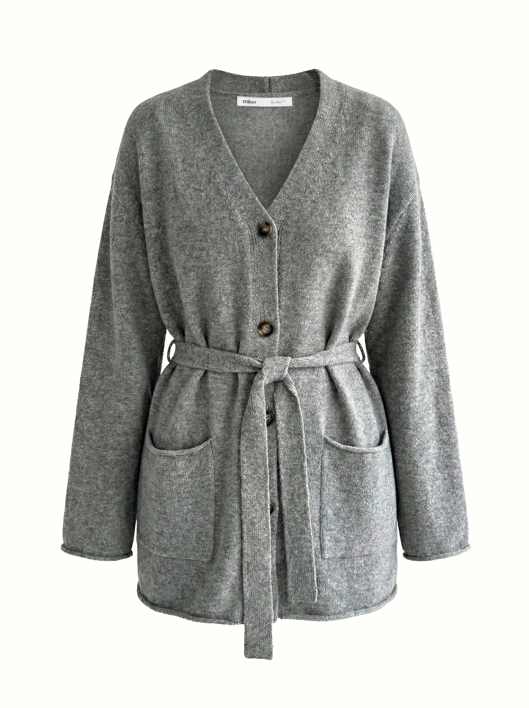 Set knitted cardigan with belt and gray pants