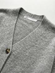 Set knitted cardigan with belt and gray pants