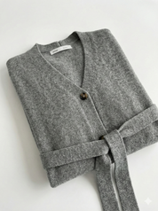 Set knitted cardigan with belt and gray pants