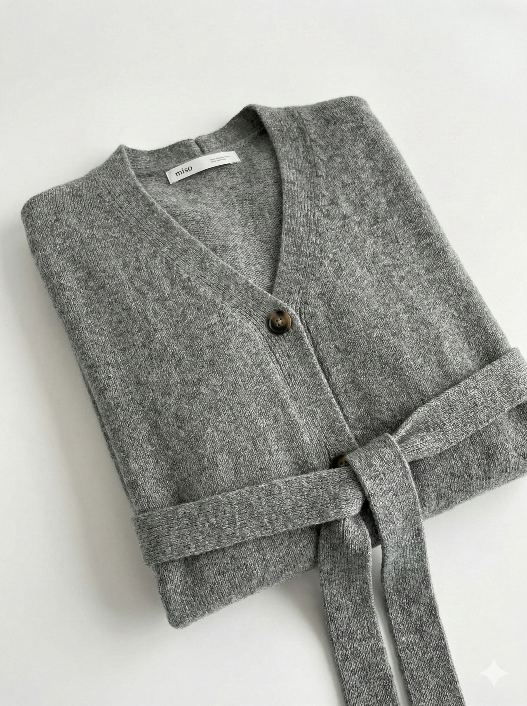 Set knitted cardigan with belt and gray pants