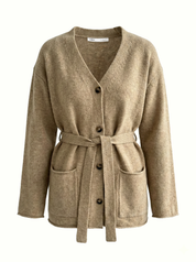 Set knitted cardigan with belt and beige pants