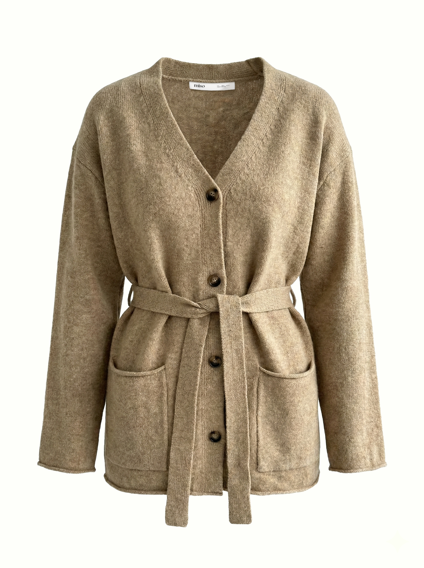Set knitted cardigan with belt and beige pants