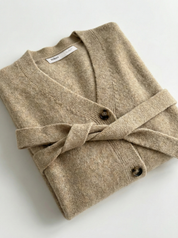 Set knitted cardigan with belt and beige pants
