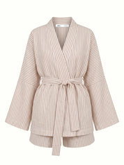 Muslin set 2-layer kimono and shorts striped beige