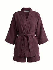 Muslin set 2-layer kimono and shorts chocolate