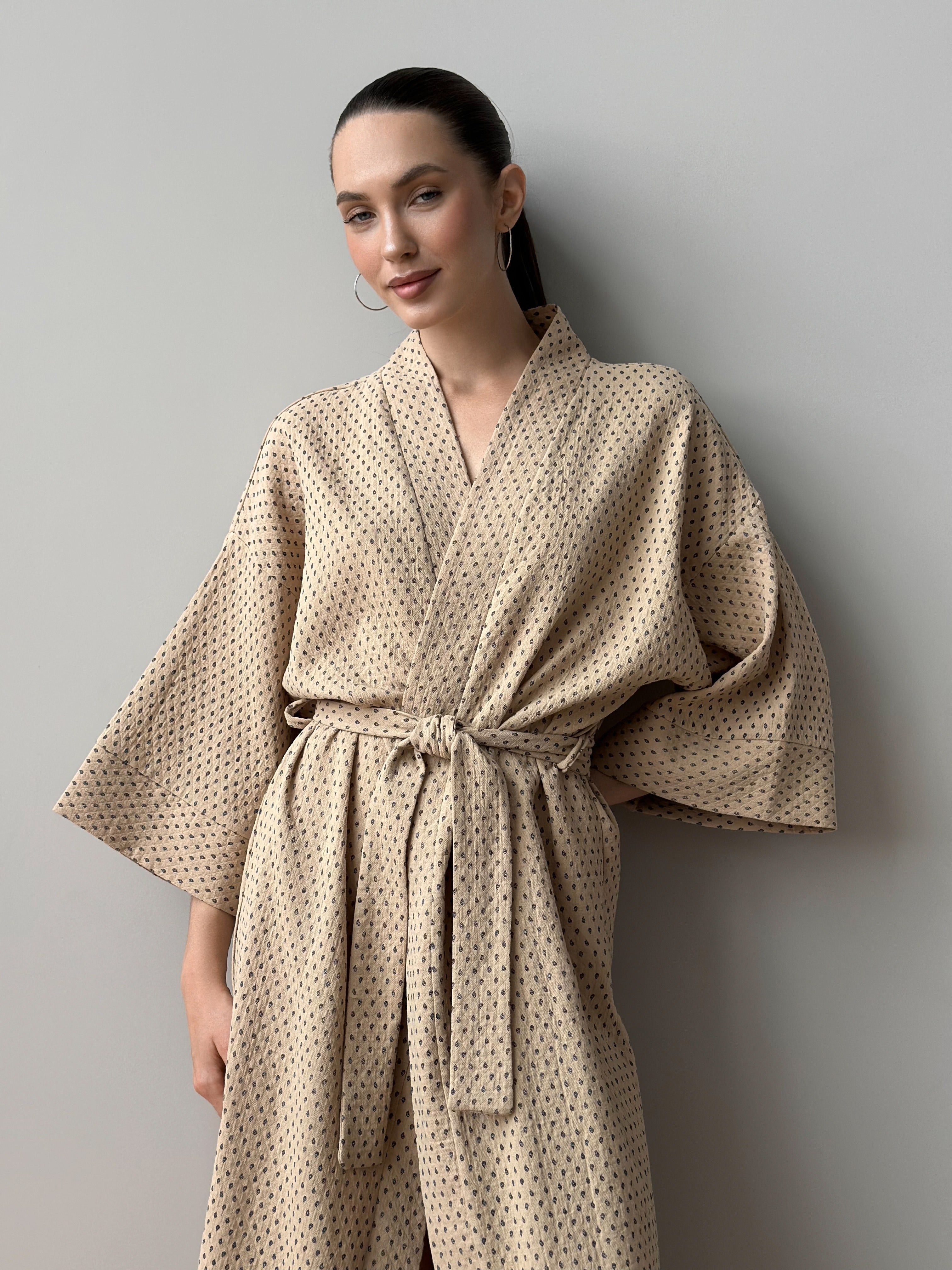 Long Kimono robe "quilted cotton" brown