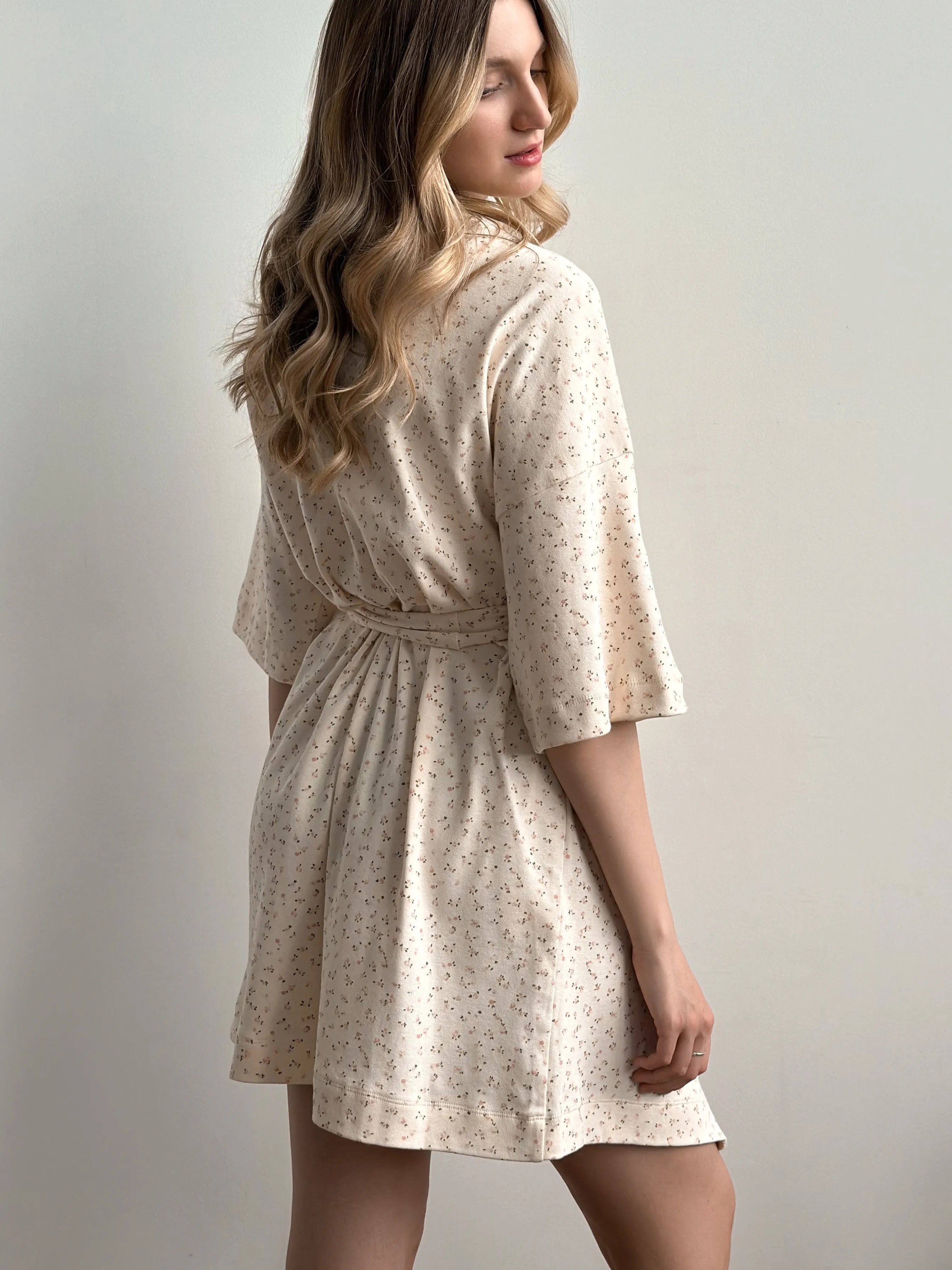Ribbed bathrobe short smooth knit pink rose