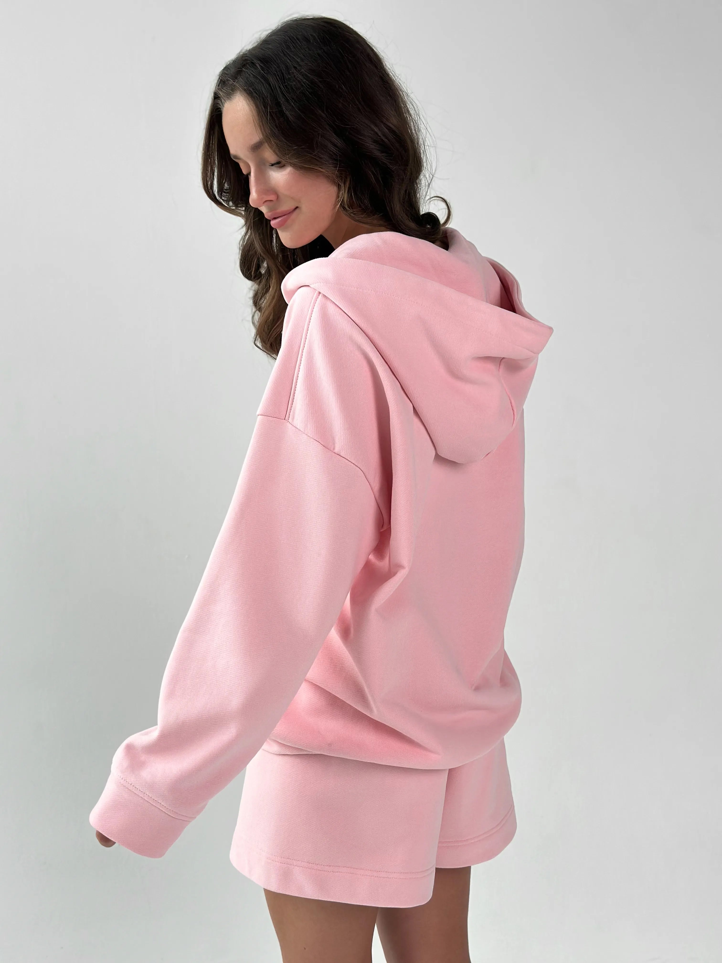 Cotton Sweatshirt with a hood and a zipper knitwear 3-ply pink