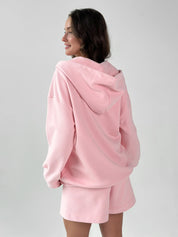 Cotton Sweatshirt with a hood and a zipper knitwear 3-ply pink