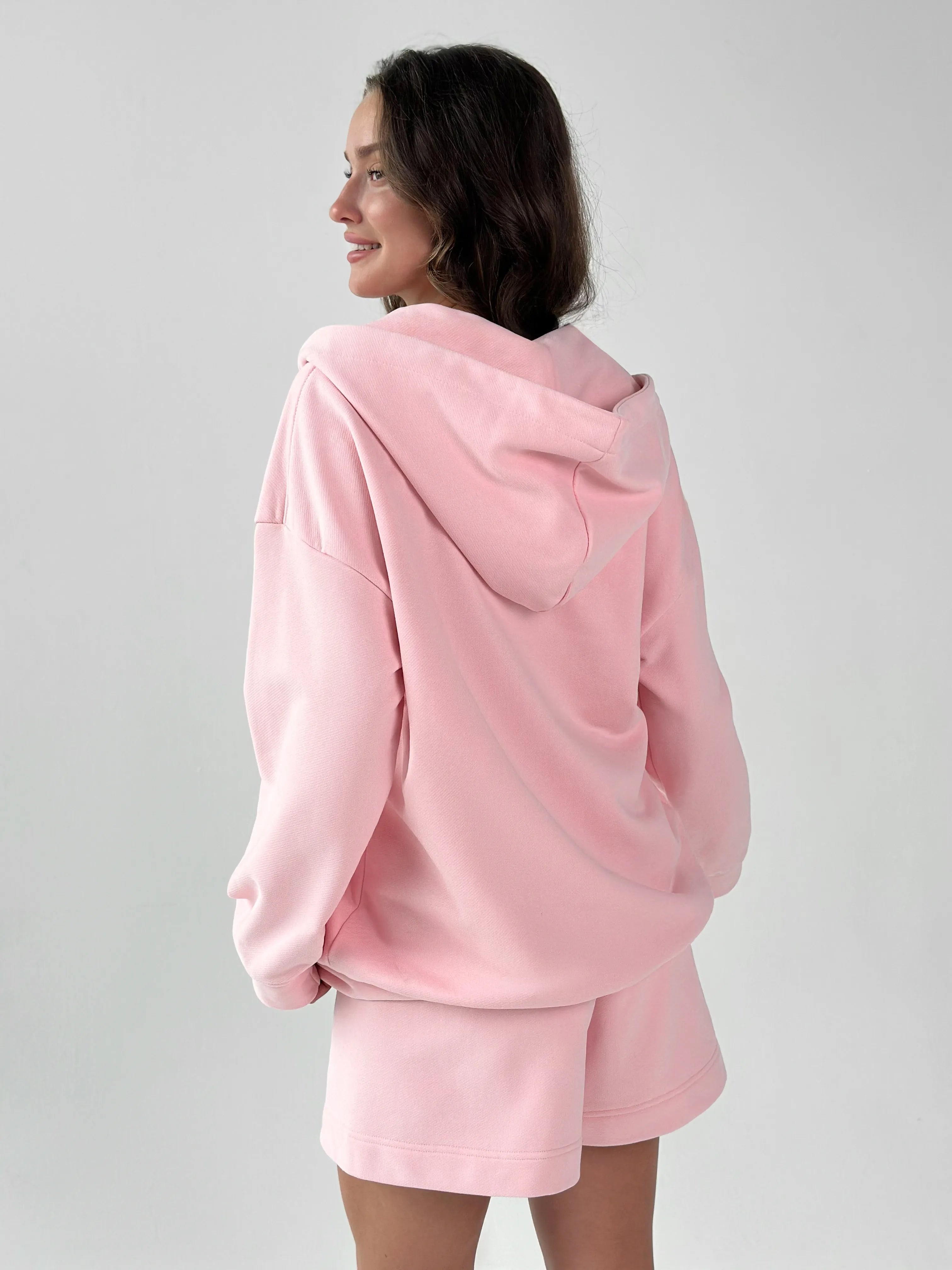 Cotton Sweatshirt with a hood and a zipper knitwear 3-ply pink