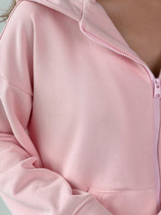 Cotton Sweatshirt with a hood and a zipper knitwear 3-ply pink