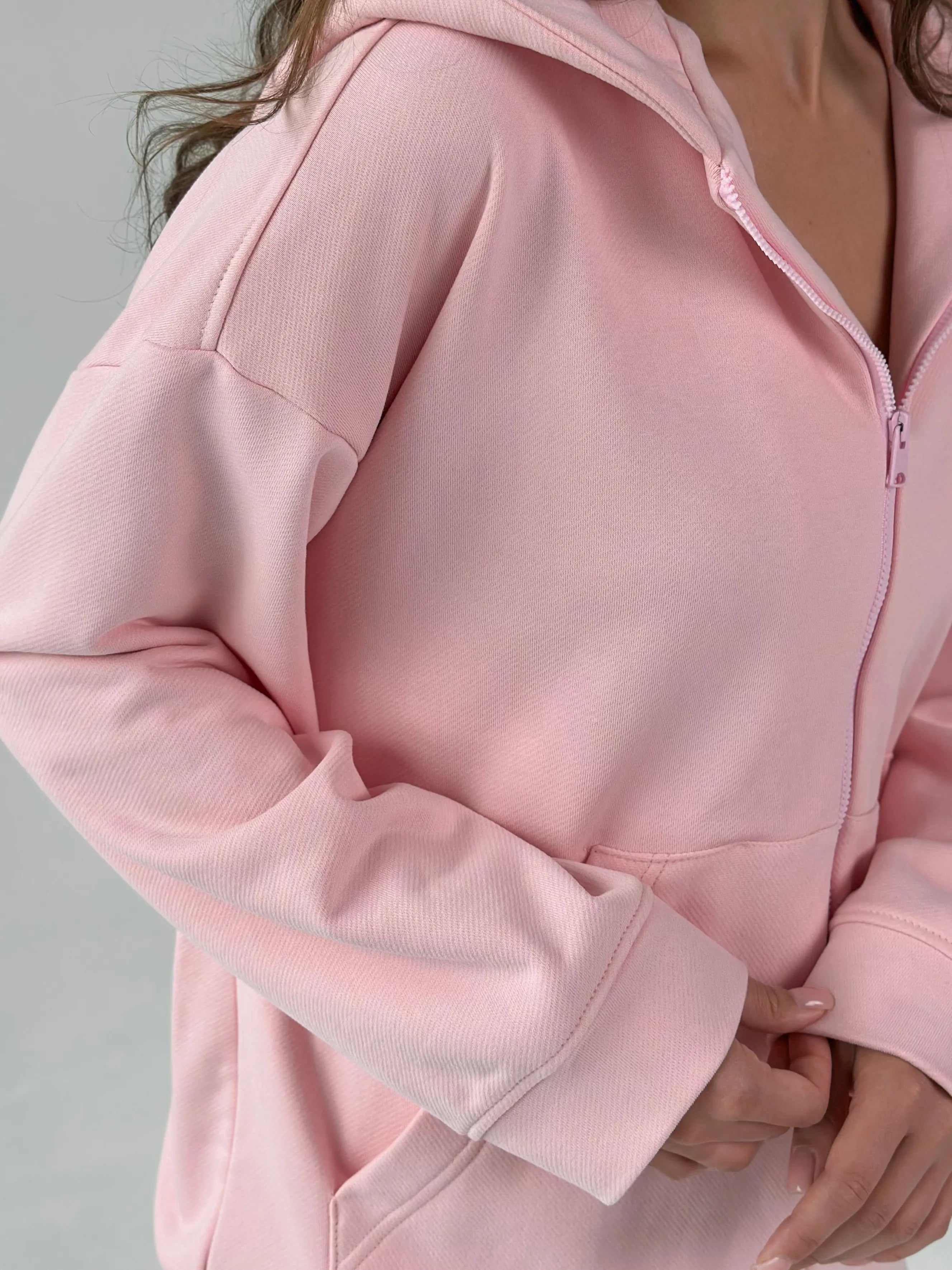 Cotton Sweatshirt with a hood and a zipper knitwear 3-ply pink