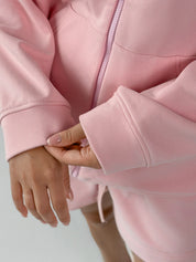Cotton Sweatshirt with a hood and a zipper knitwear 3-ply pink