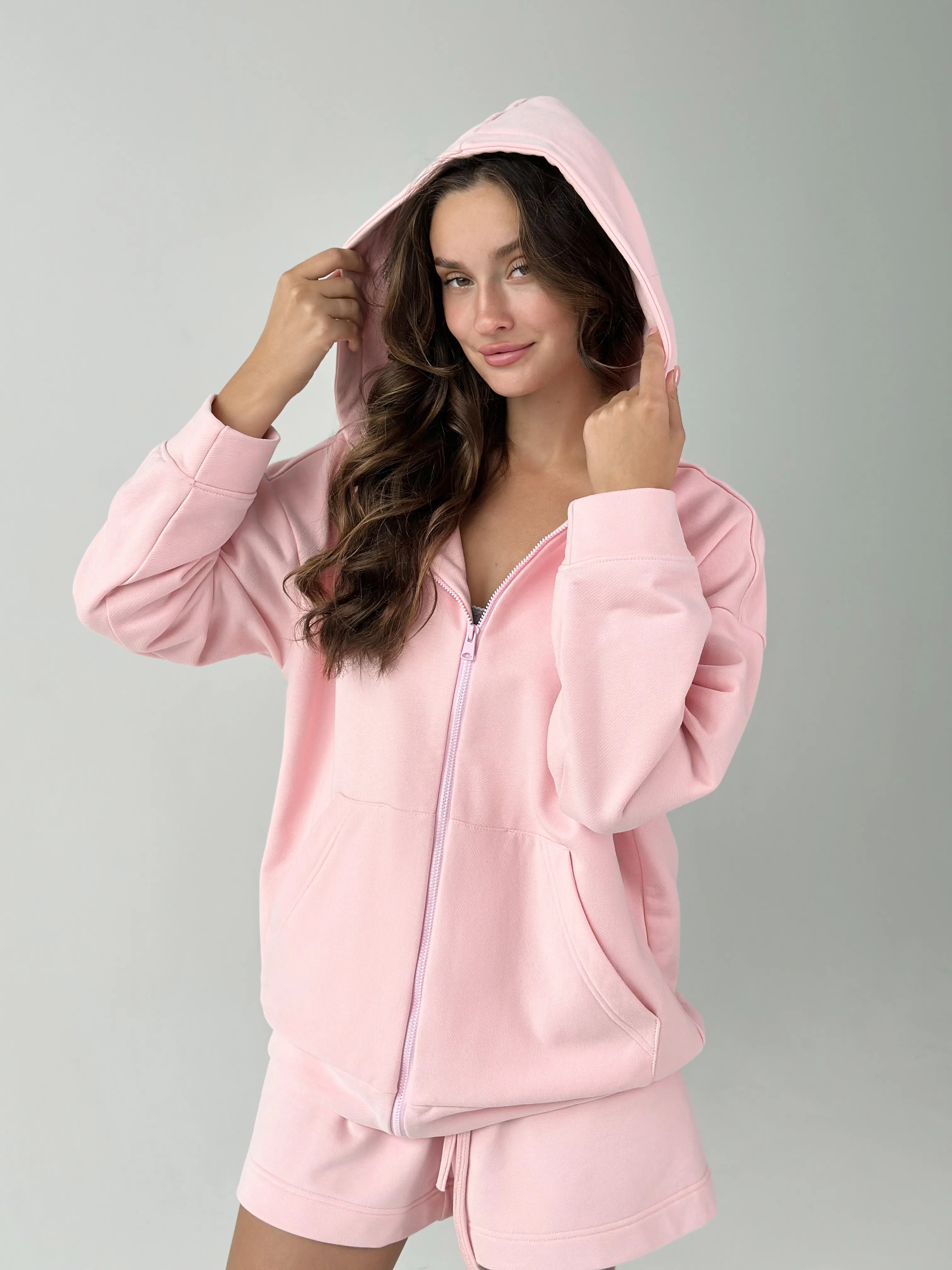 Cotton Sweatshirt with a hood and a zipper knitwear 3-ply pink