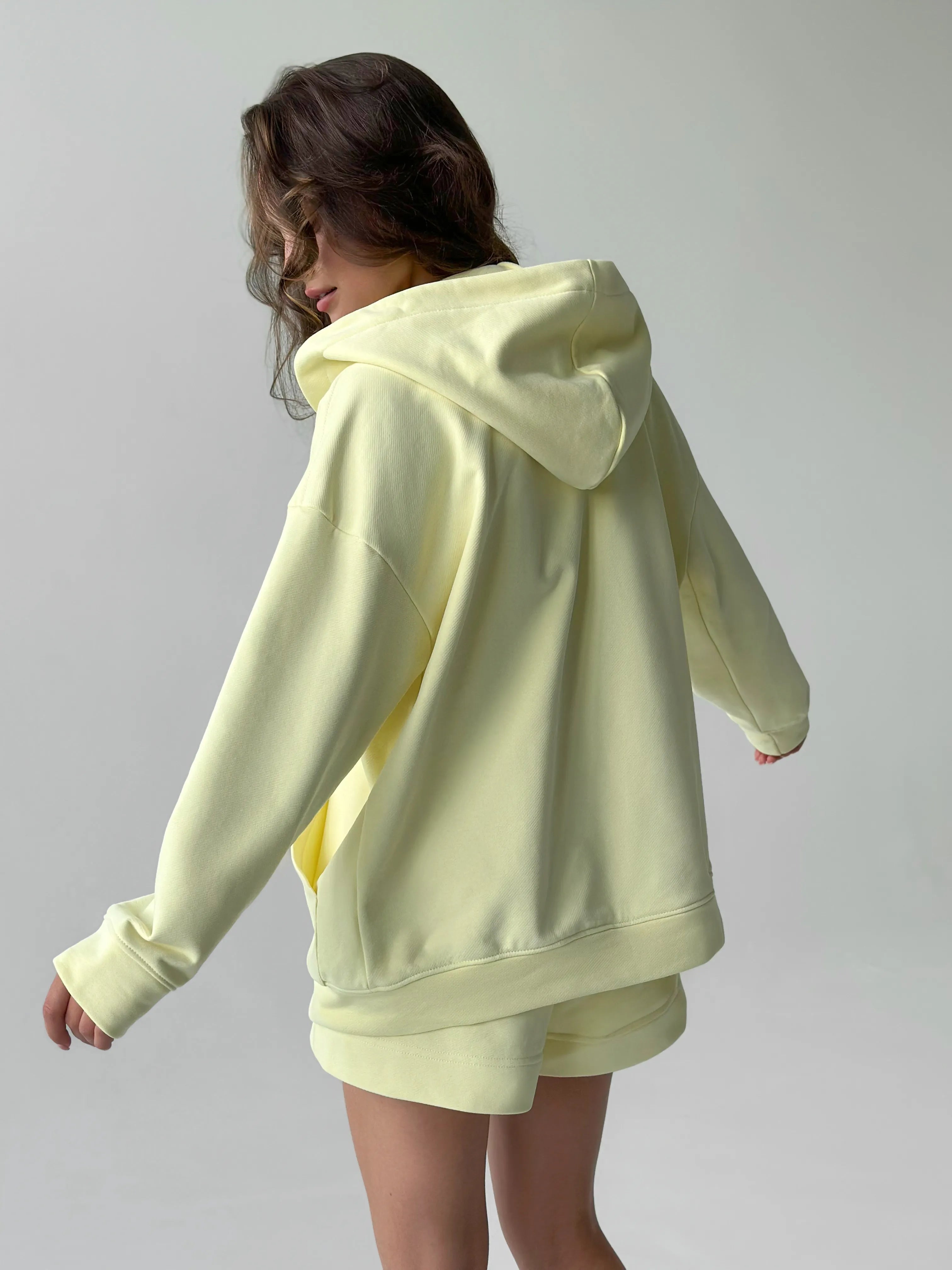 Cotton Sweatshirt with a hood and a zipper 3-thread knit lemon