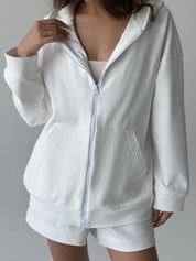 Cotton Sweatshirt with a hood and a zipper 3-thread knit white