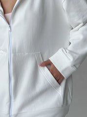 Cotton Sweatshirt with a hood and a zipper 3-thread knit white