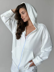 Cotton Sweatshirt with a hood and a zipper 3-thread knit white