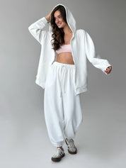 Cotton Sweatshirt with a hood and a zipper 3-thread knit white