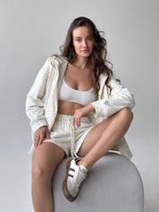 Cotton Sweatshirt with a hood with a zipper 3-thread knit blue flower on milky