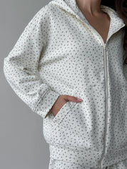 Cotton Sweatshirt with a hood with a zipper 3-thread knit blue flower on milky