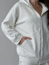 Cotton Sweatshirt with a hood with a zipper 3-thread knit blue flower on milky