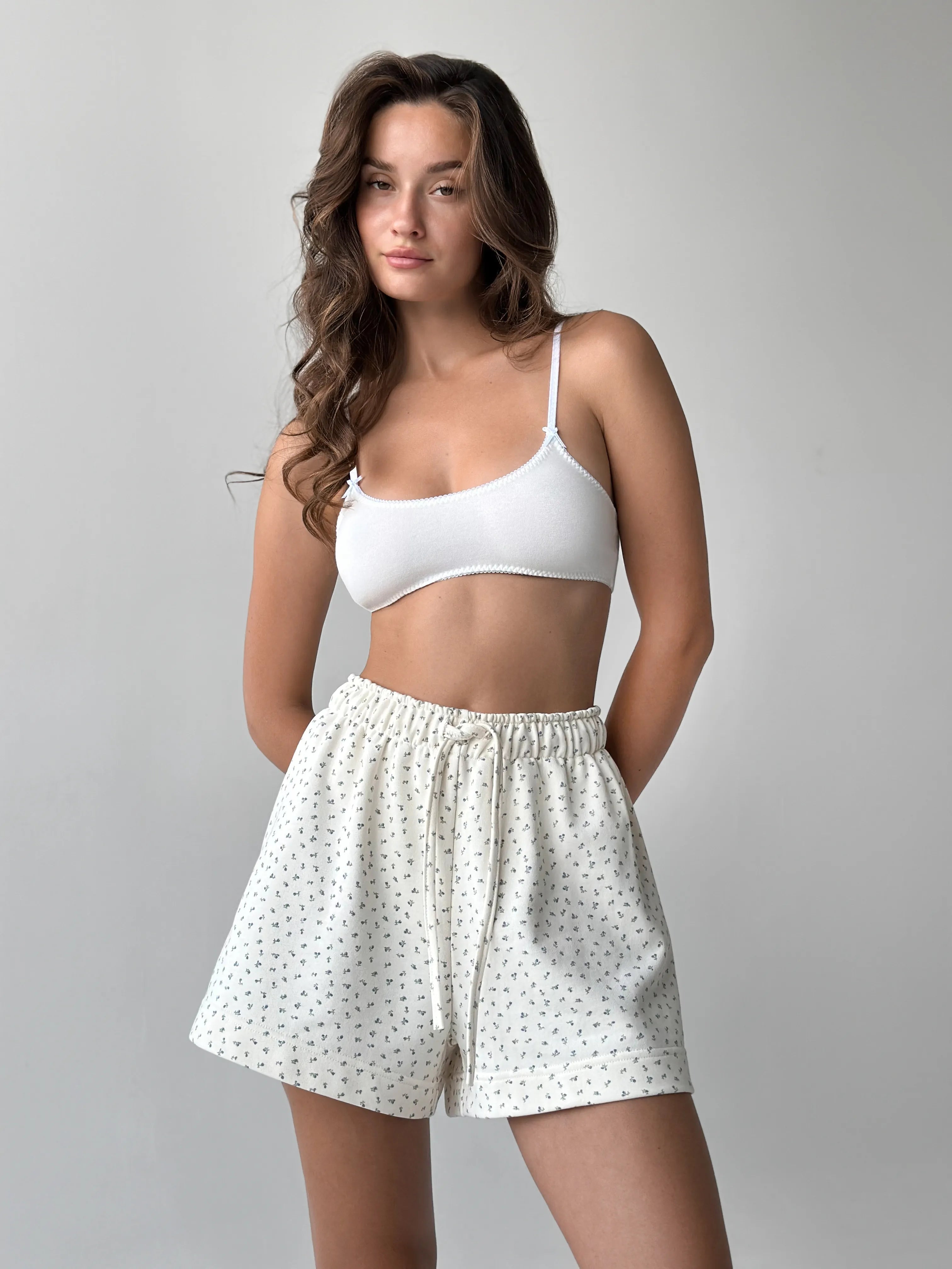 Cotton Shorts knitwear 3-thread blue flower on milky