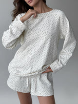 Cotton Sweatshirt knitwear 3-thread blue flower on milky