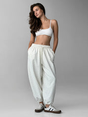 Cotton Pants knitwear 3-thread blue flower on milky