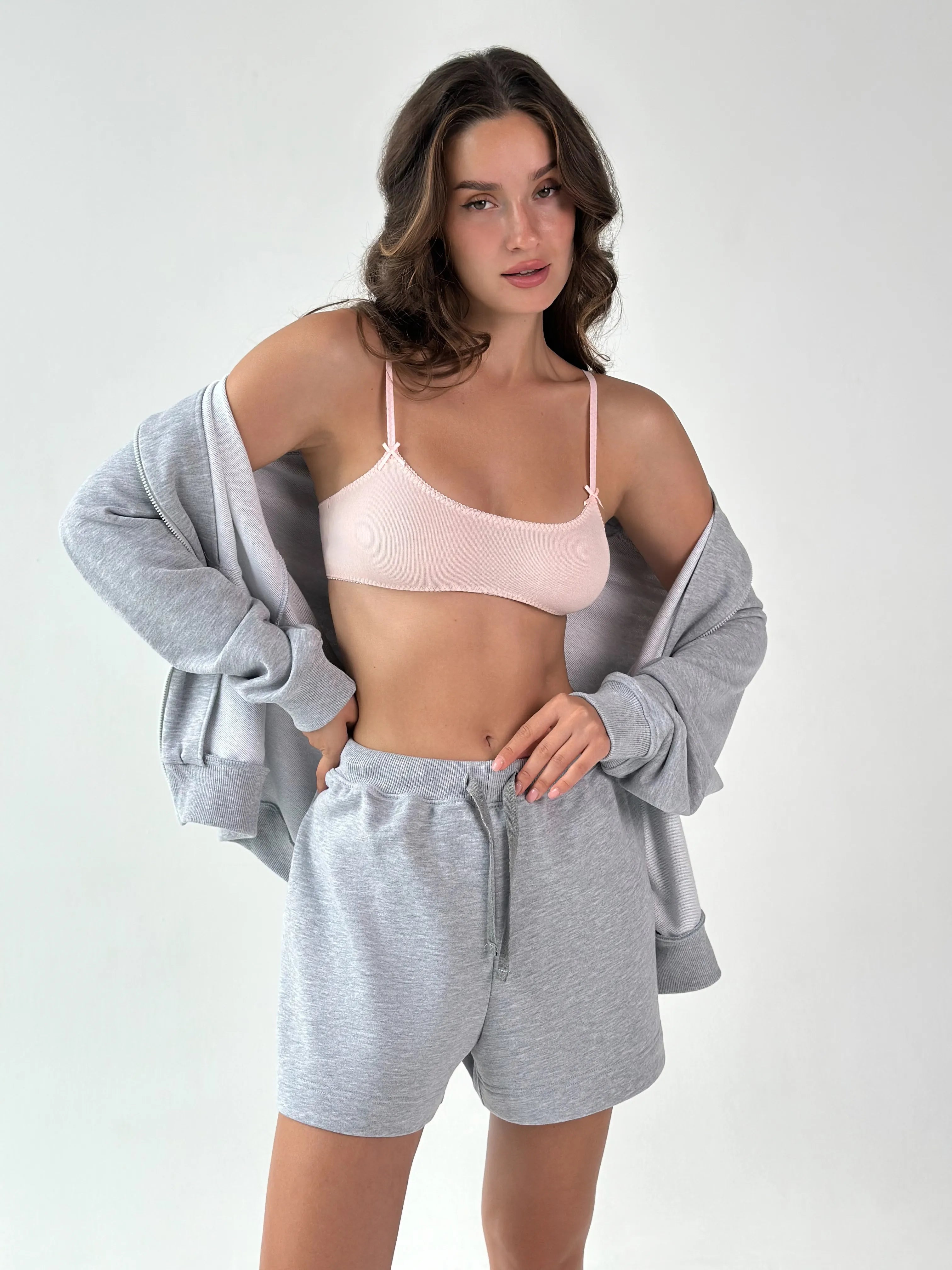 Cotton Sweatshirt with a hood and a zipper 3-thread knit gray