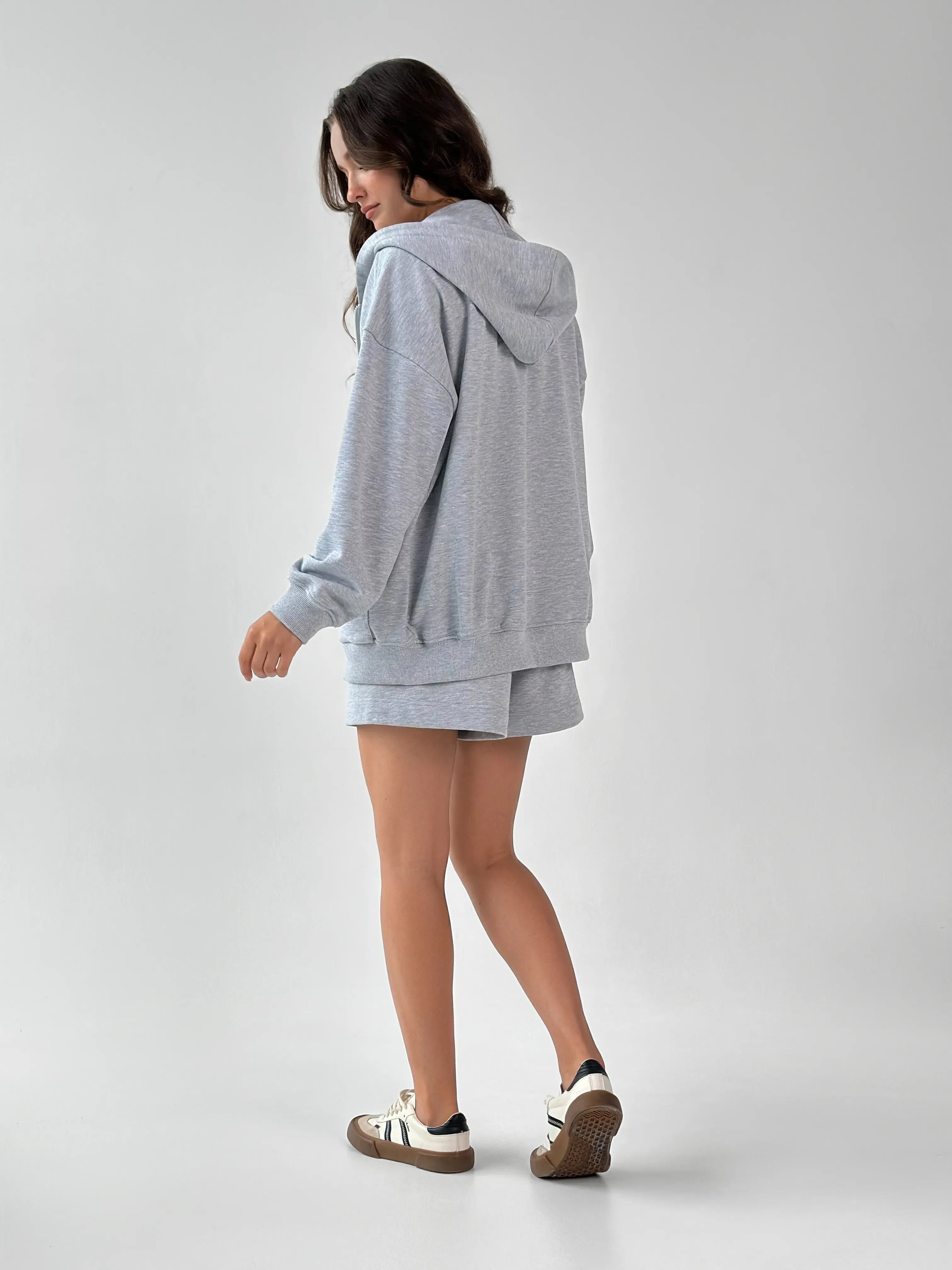 Cotton Sweatshirt with a hood and a zipper 3-thread knit gray