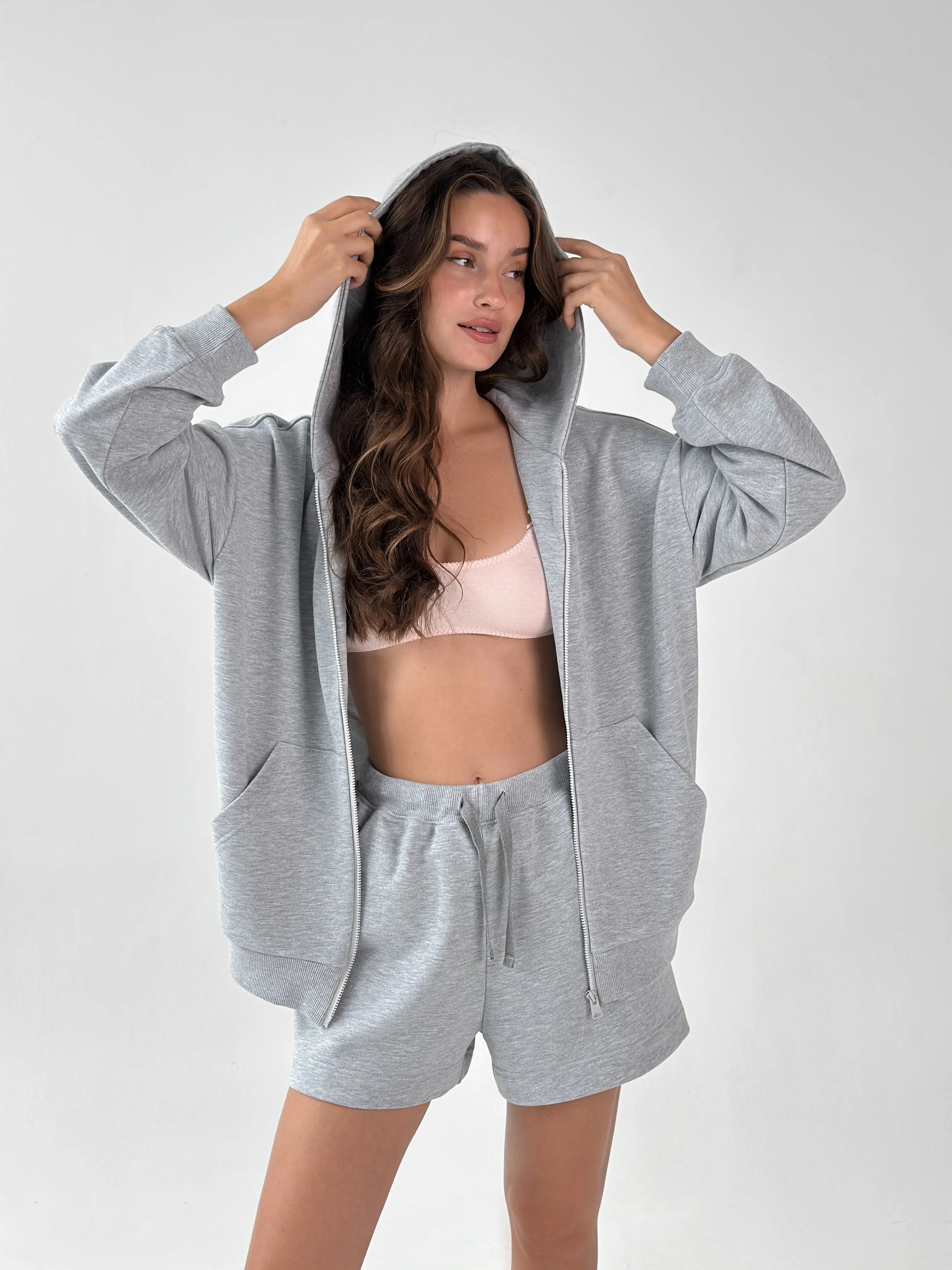 Cotton Sweatshirt with a hood and a zipper 3-thread knit gray