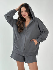 Cotton Sweatshirt with a hood and a zipper 3-thread knit graphite