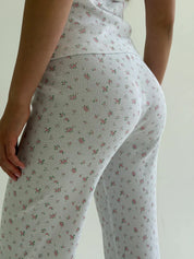 T-shirt and pants set ribbed small pink flower on white
