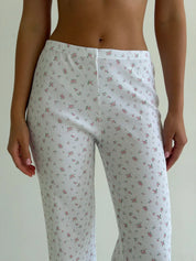 T-shirt and pants set ribbed small pink flower on white