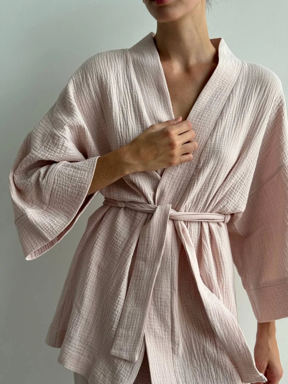 Muslin set 2-layer kimono+shorts powder
