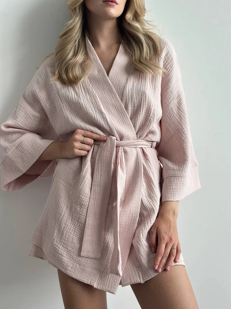 Muslin set 2-layer kimono+shorts powder