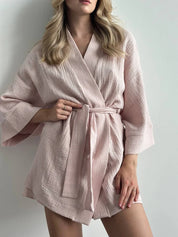Muslin set 2-layer kimono+shorts powder