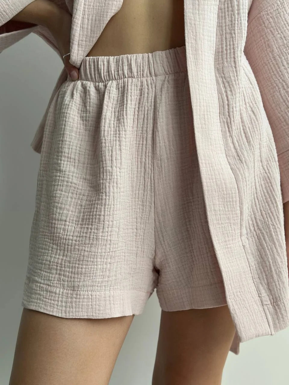 Muslin set 2-layer kimono+shorts powder