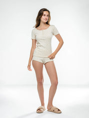 Ribbed T-shirt with buttons pink flower