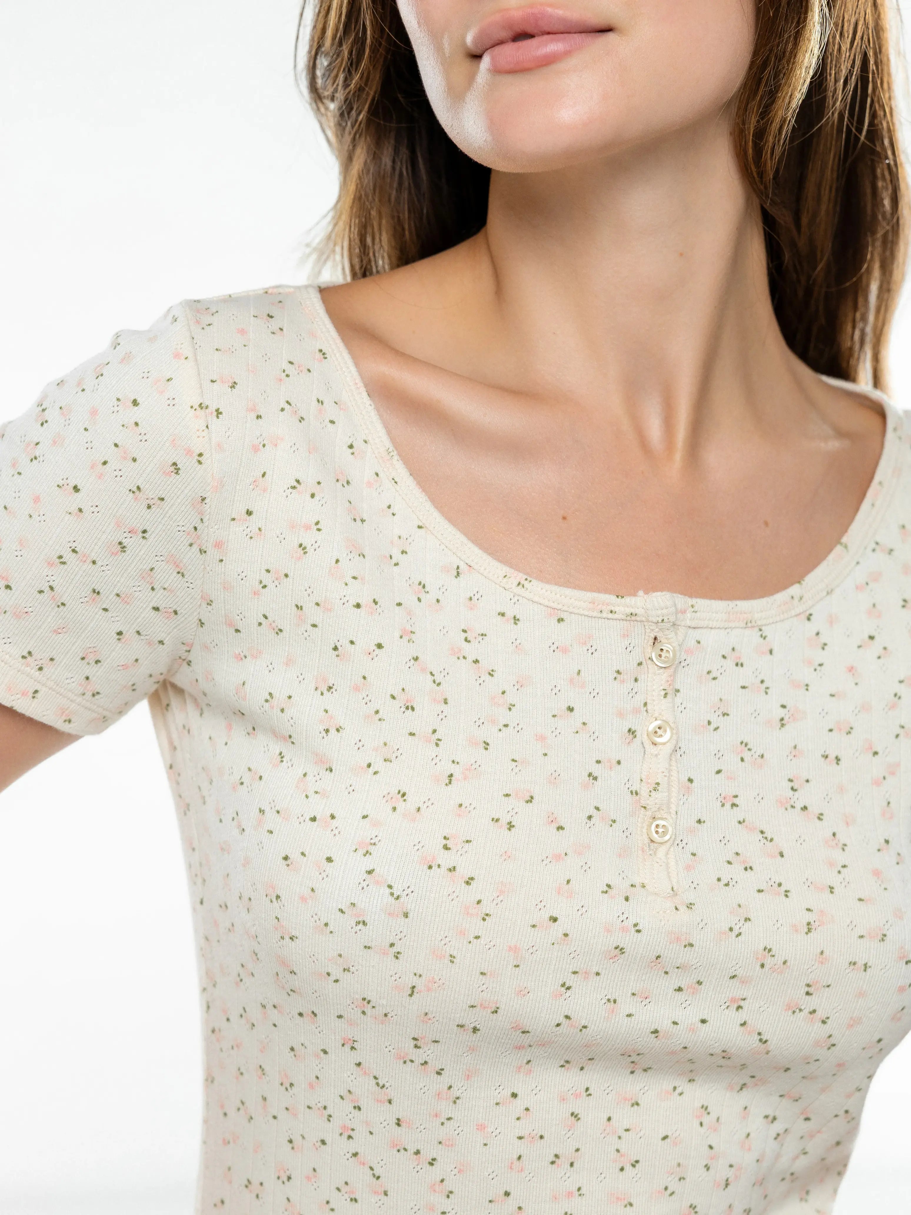 Ribbed T-shirt with buttons pink flower