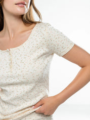 Ribbed T-shirt with buttons pink flower