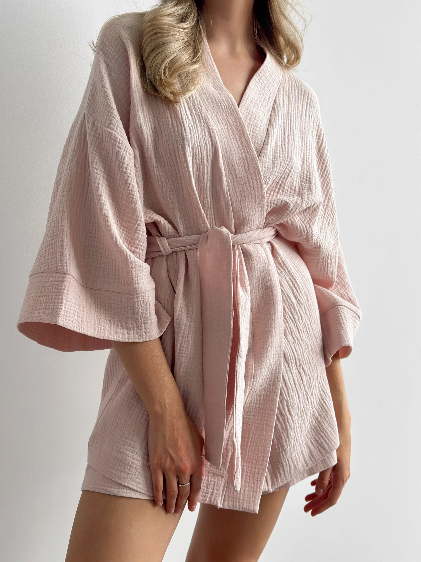 Muslin set 2-layer kimono+shorts powder