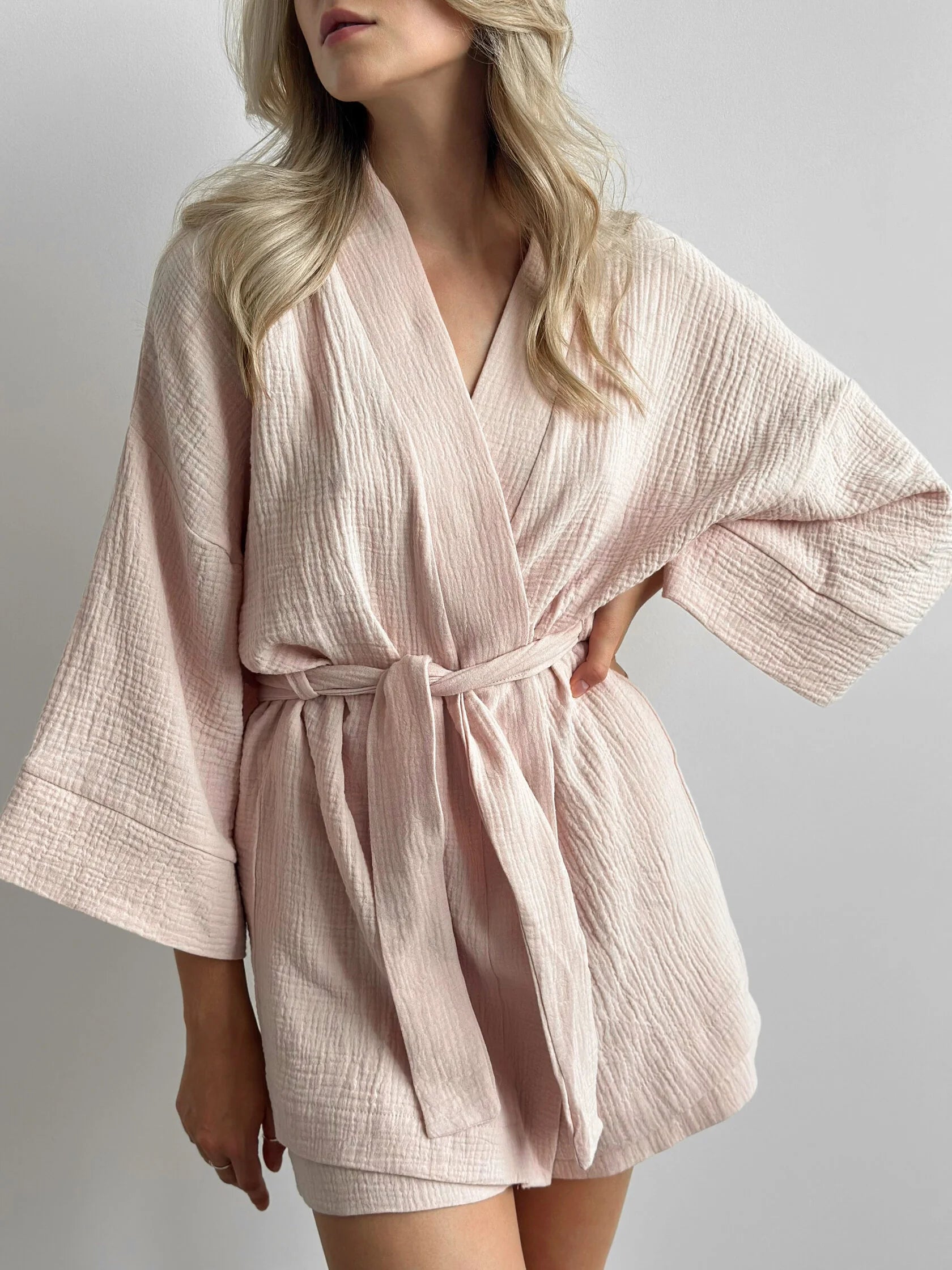 Muslin set 2-layer kimono+shorts powder