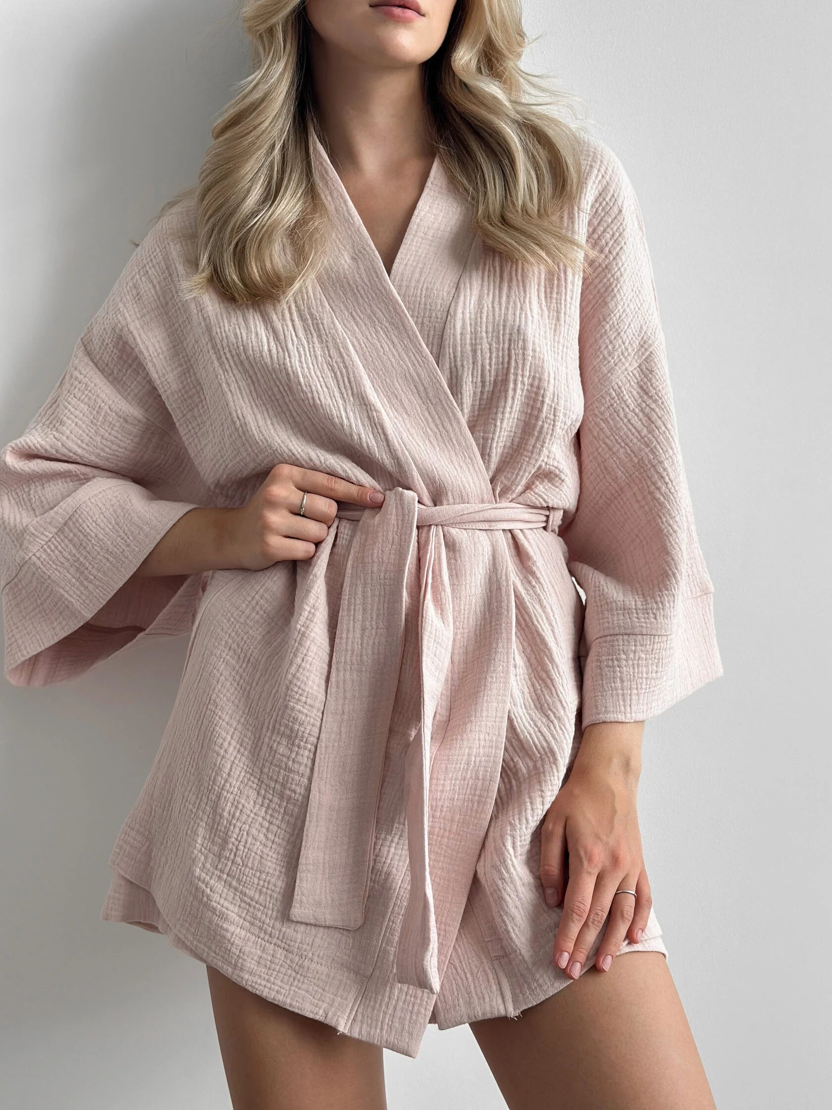Muslin set 2-layer kimono+shorts powder