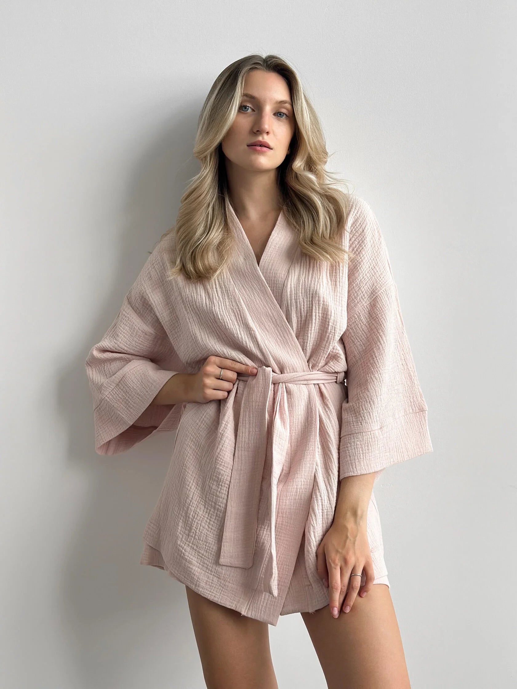 Muslin set 2-layer kimono+shorts powder