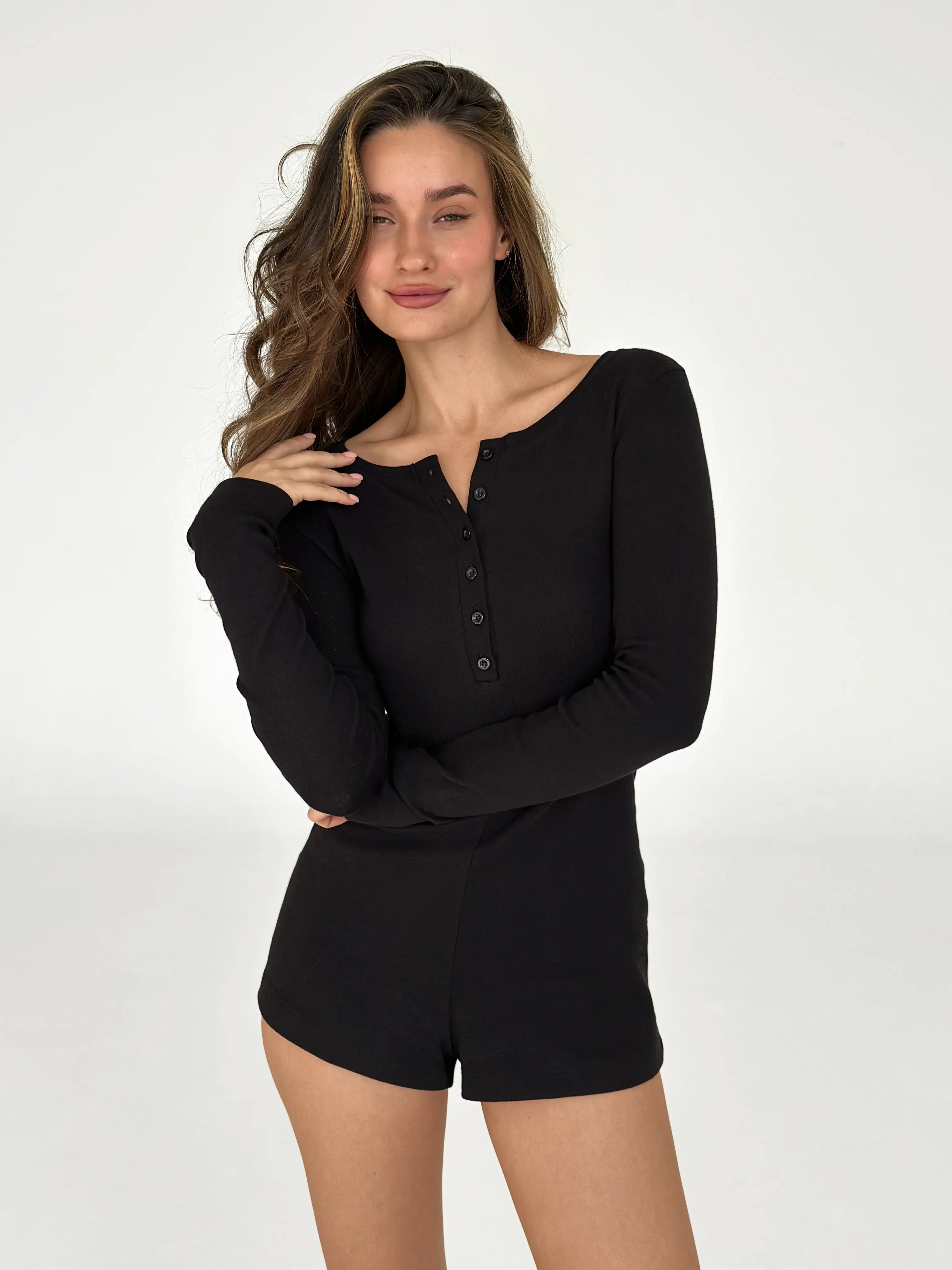 Ribbed long sleeve jumpsuit black