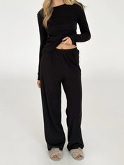Ribbed knitted suit wide pants and long sleeves black