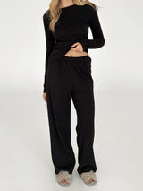 Ribbed knitted suit wide pants and long sleeves black