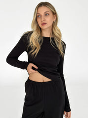 Ribbed knitted suit wide pants and long sleeves black